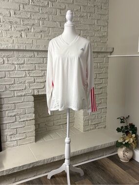 adidas Climacool White V-Neck Long Sleeve Running Top Pink 3-Stripes Women's XL